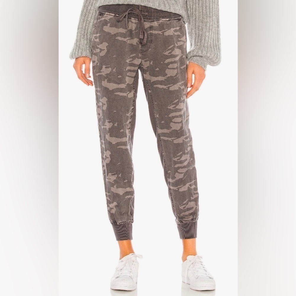 Monrow Camo‎ Linen Blend Joggers Contrast Rib Vintage Black L Casual Gorpcore